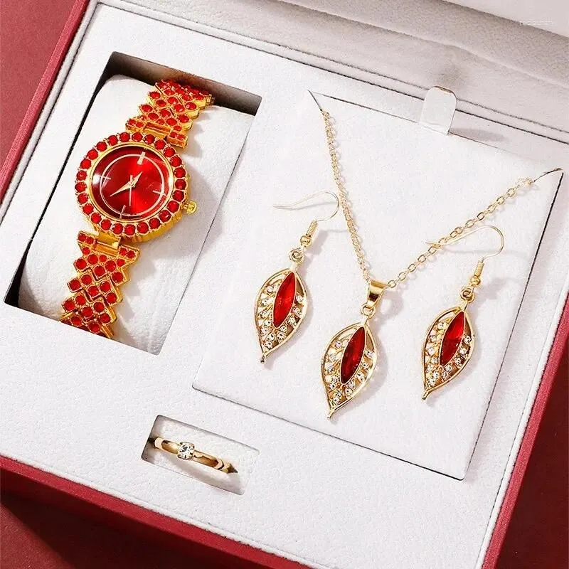 Armbanduhr 5pcs Frauen Mode Halskette Ohrring Ring Strass Set Red Casual Kleid Uhren Damen Runde Kristallarmband für
