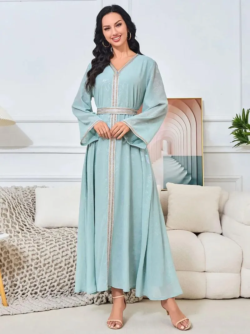 Ethnische Kleidung Marocain Abaya Muslim Kleid Frauen Party V-Ausschnitt Langarm Dubai Arabische Vintage Kaftan Türkei Caftanvestido Longo Feminino