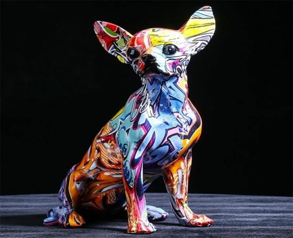 Couleur créative Chihuahua Dog Statue Simple Living Room Ornements Home Office Resin Sculpture Crafts Store Decors décorations 220514060805