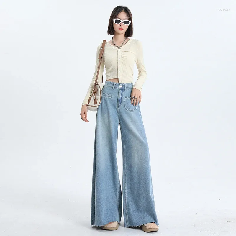 Femme en jean High Street American Hip-hop Trend Loose Loose Ligne Ligne Solide bouton de poche zipper Spring Straight Pants 2024