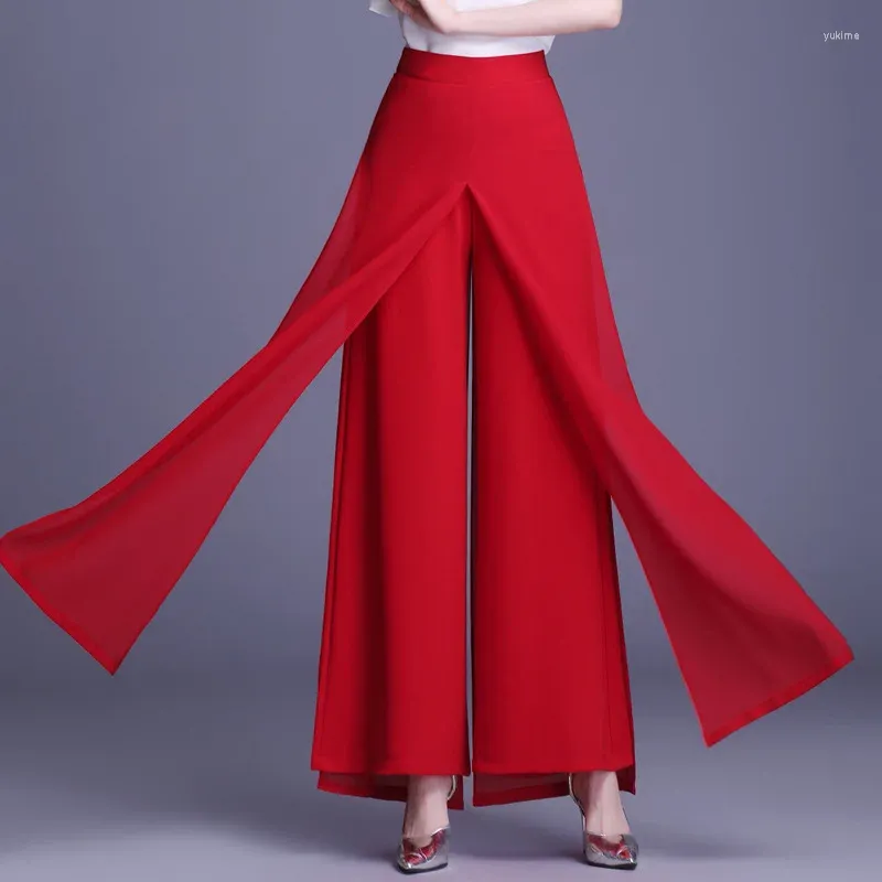 Frauenhose Damen Sommer Chiffon Lange Hosen Ladies Streetwear LOSSEN IHRE CORRE ROCK FEMALE Hoch elastische Taille Rotes weites Bein