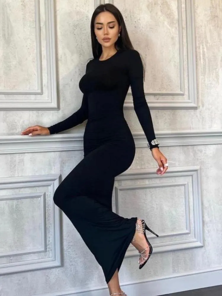 Lässige Kleider Yuzhexi Frauen Vollhülse Körperkon Basic Robe Schwarz grau braun langen Streetwear