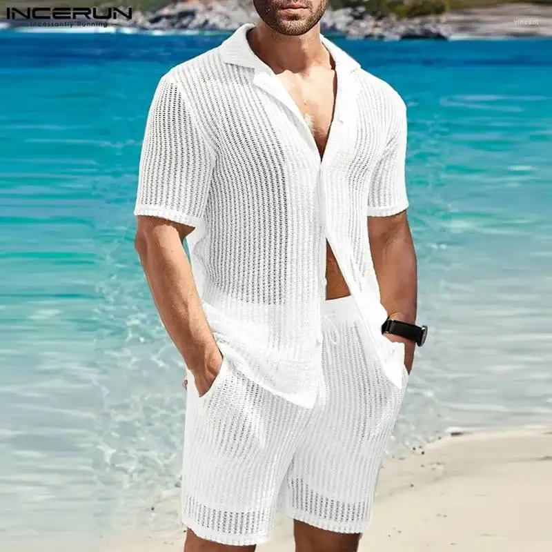 Herren -Trailsuiten 2024 Männer setzt einfarbige transparente Sommer -Revers -Shirt -Shirts Shorts 2pcs Streetwear Fashion Casual Suits Incerun