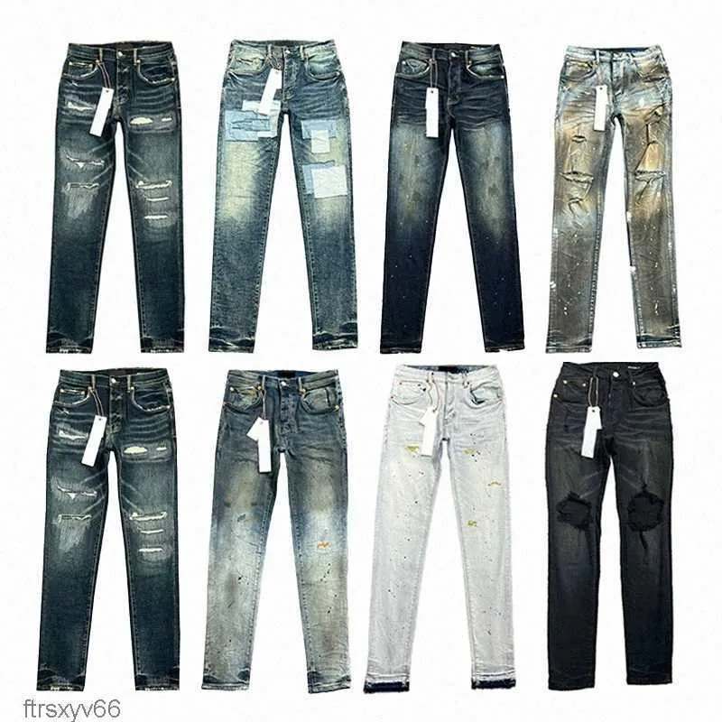 Designer jeans heren paarse vrouwen gestapeld lange broek ksubi gescheurde high street jeans retro verf spot patch gat denim streetwear silm voeten micro elastisch l5r6