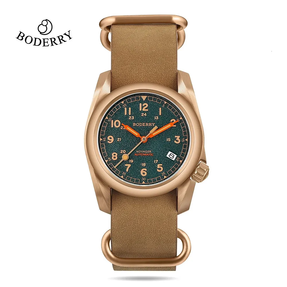 Boderry VOYAGER Field Watches Bronze Case Automatic Mechanical Watch 100M Waterproof Clock Military Vintage Wristwatch Mens 240429