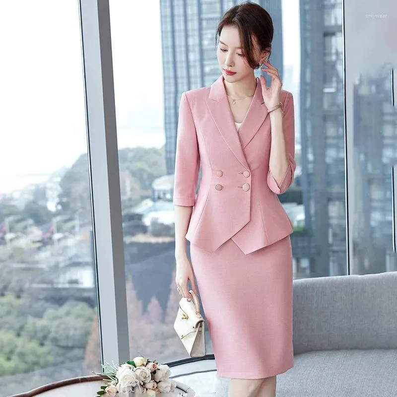DHgate Apricot Two Piece Formal Dress Set Double Breasted Blazer and Pencil Skirt for Womens Office Uniform Apparel