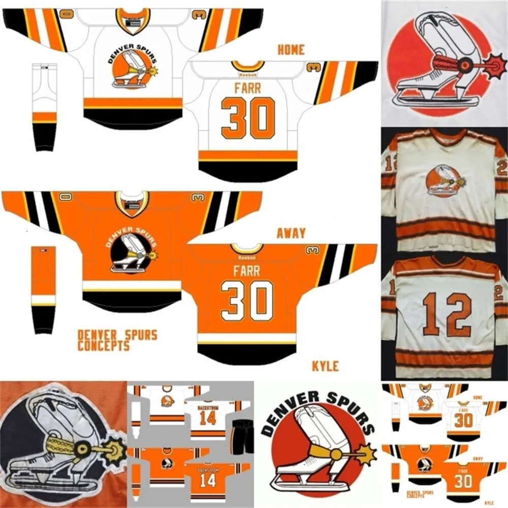 KOB Denver Hockey Jersey 12 Bob McCord 14 Backstrom 30 Farr 100% Cousue Custom Custom tout numéro de nom Jerseys White Orange