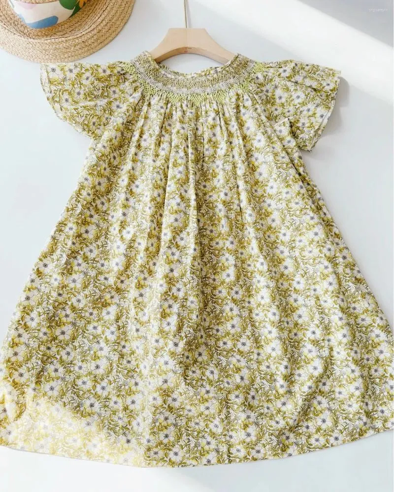 Robes de fille en stock de vêtements de bébé robe coton français décontracté personnalisée jaune floral imprimé