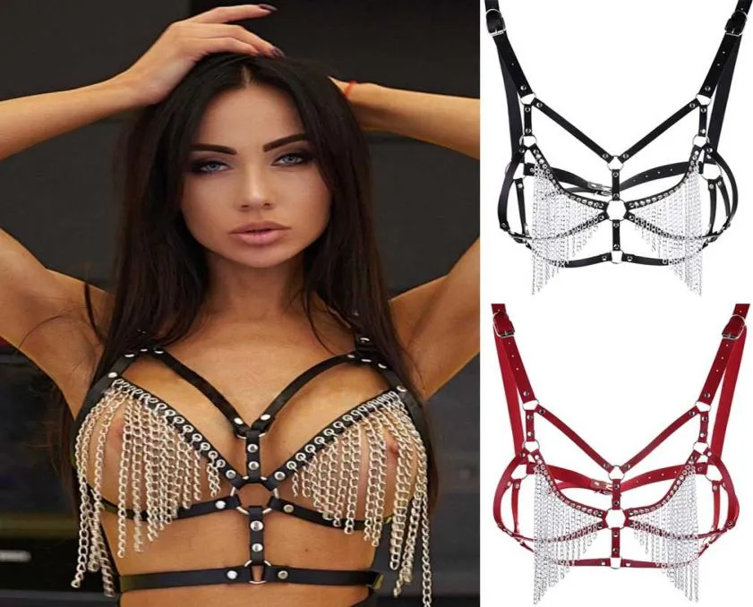 Cinto de couro BRA METAL METAL Chain Bondage Lingerie arnês para mulheres Ajustar punk goth pu strap tops gage festival rave7336308