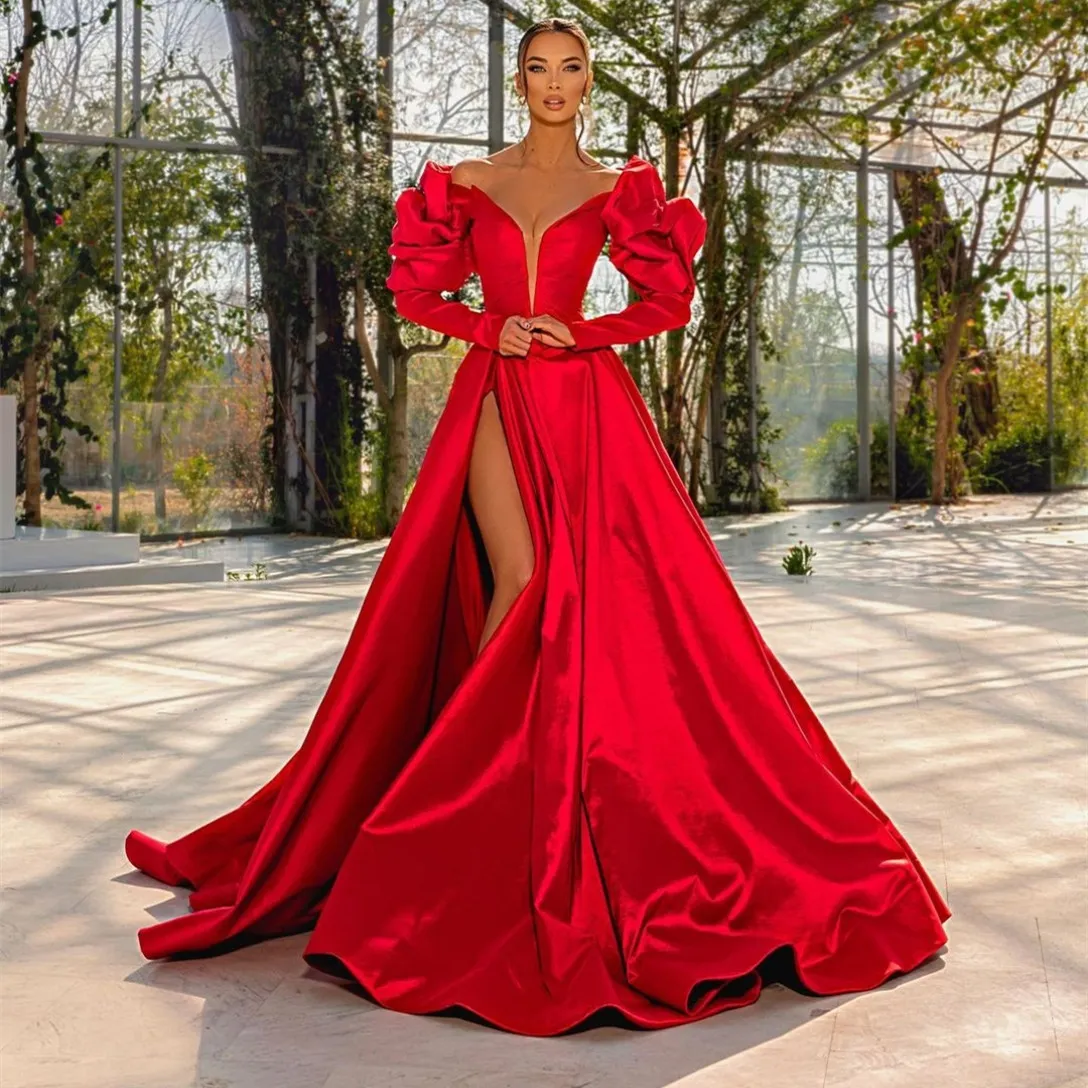 Elegantes Vestidos De Graduación De Manga Larga, Vestido De Satén