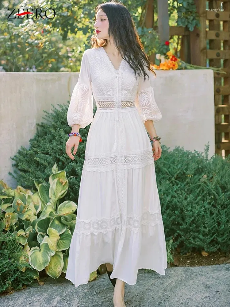 Casual jurken vrouwen romantisch witte sexy holle out kanten lagere patchwork maxi fairy v nek omhoog lantaarn mouw strandjurk lente zomer