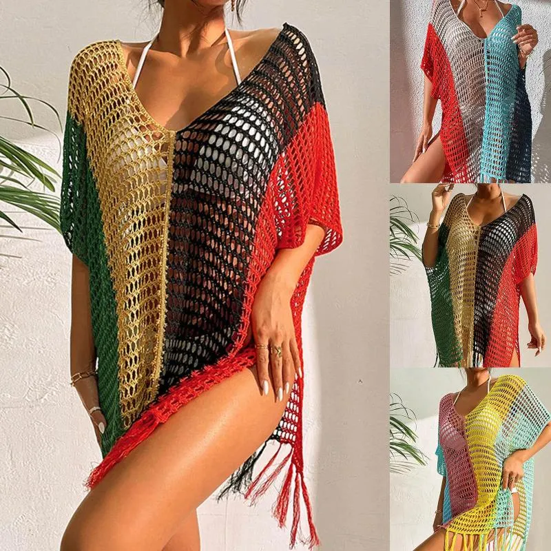 Vrouwen Casual vakantie Strand kleur bijpassende gollow sexy gebreide v nek bikini zwempak bedek op gevotte hoge taille zwemmen