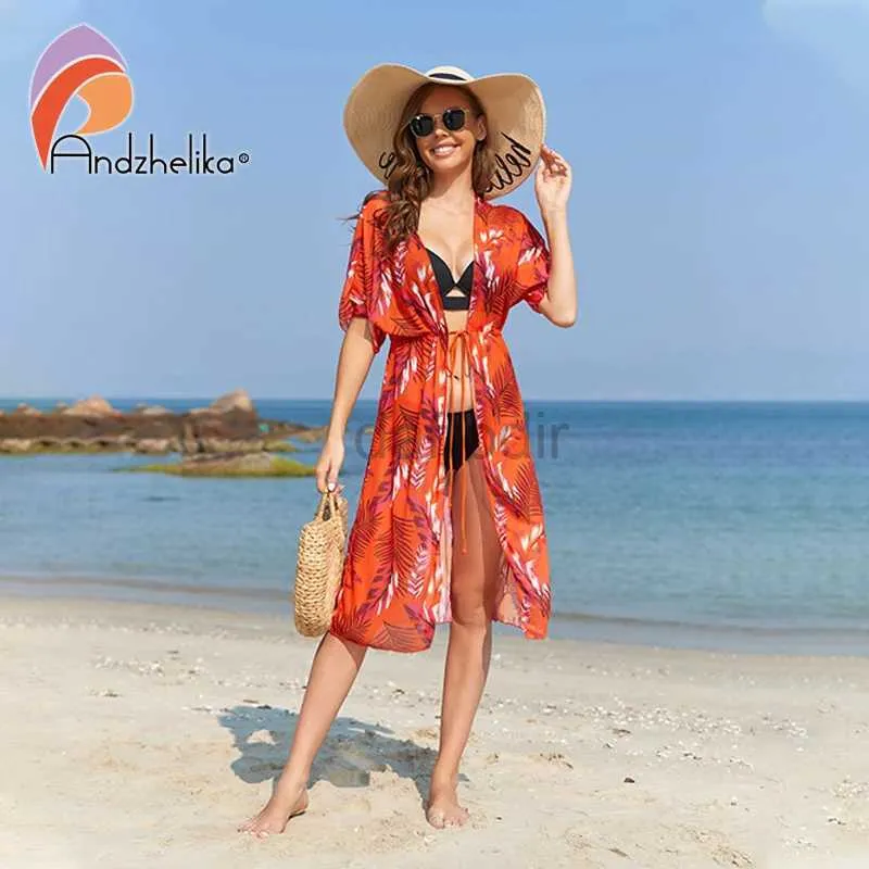 Women Beach Wear Andzhelika Longueur à imprimé floral Kimono Bikini Cover up for Women Courte à manches Lacet Up Long Holiday Beach Tunique Robe 2023 Été D240501