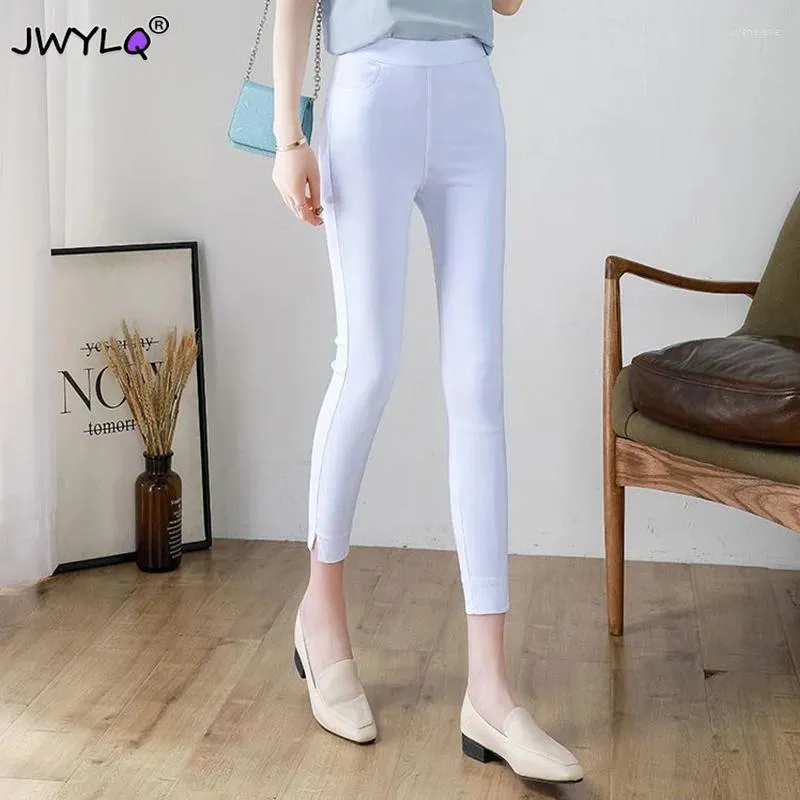 Dżinsowe dżinsy stałe kolor wysokiej talii szczupłowy ołówek dżinsowe spodnie Proste podstawowe legginsy odcinkowe swobodne cienkie kobiety streetwear