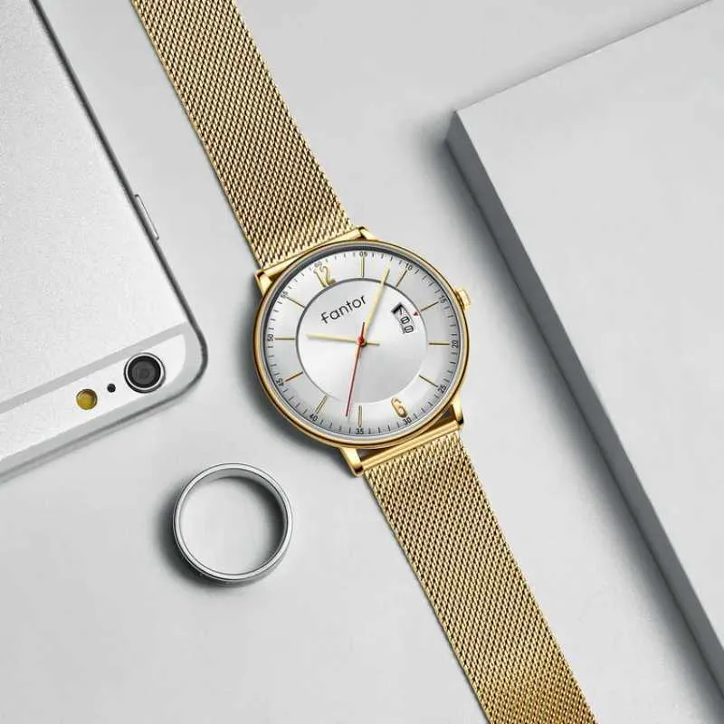 Zegarek Fantor Klasyczne luksusowe złote mężczyźni marka męska kwarcowa siatka wodoodporna randka biznesmena dla mężczyzn nadgarstka D240430