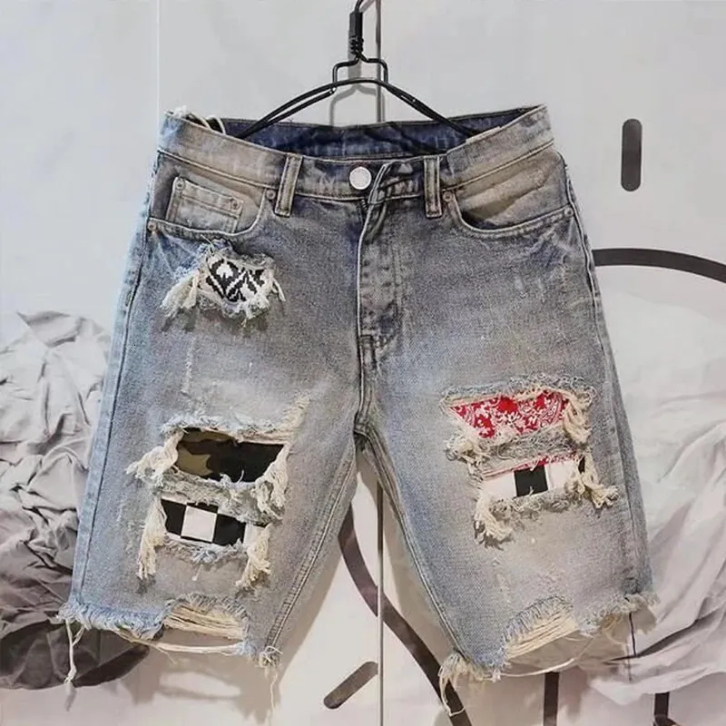 Zomer mannen hole denim korte broek mode mode bedelaar schraap vijfdelige jeans shorts 240430