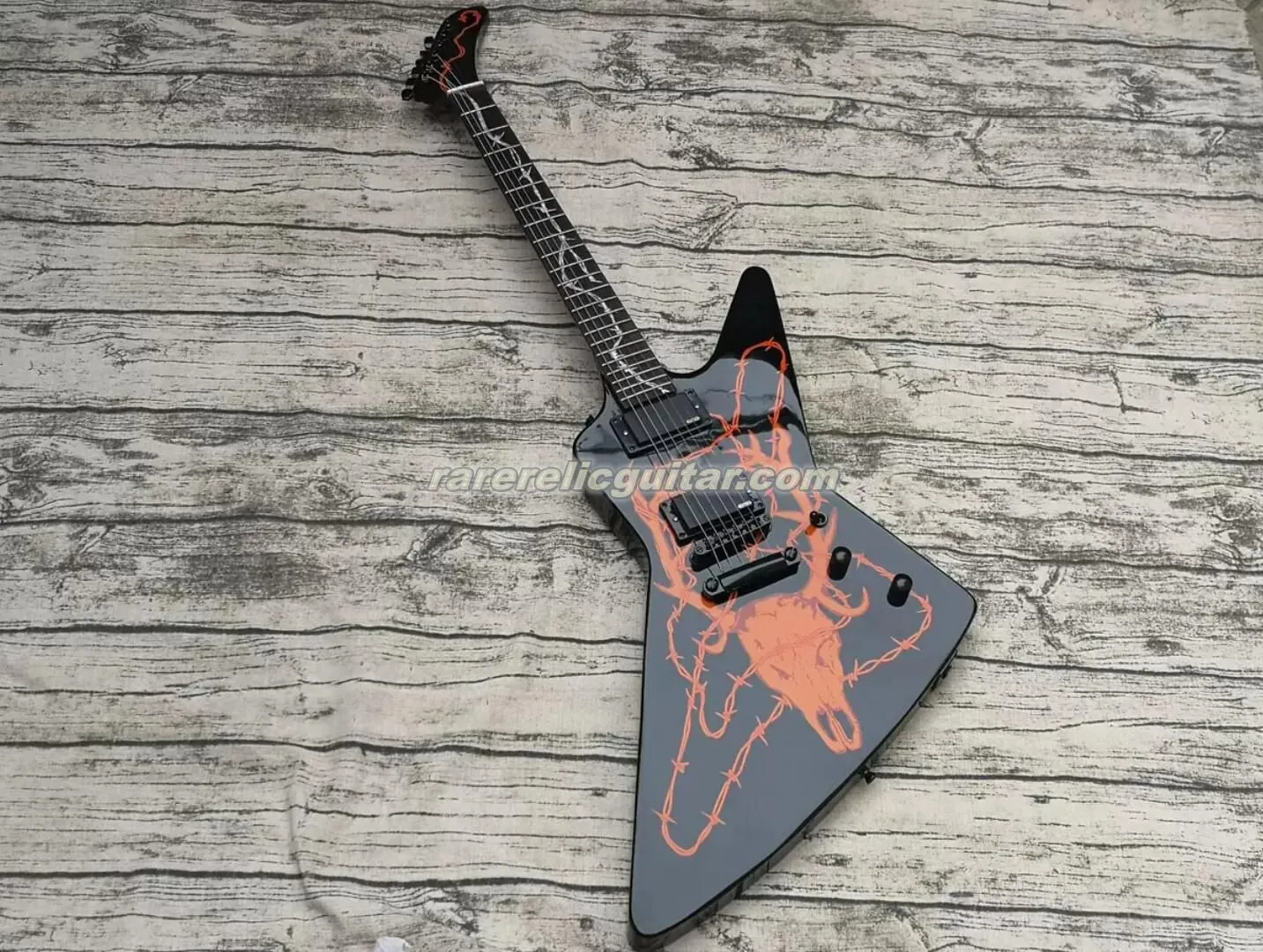 Metallic Black Electric Guitar with Woodburned Elk Skull, EMG