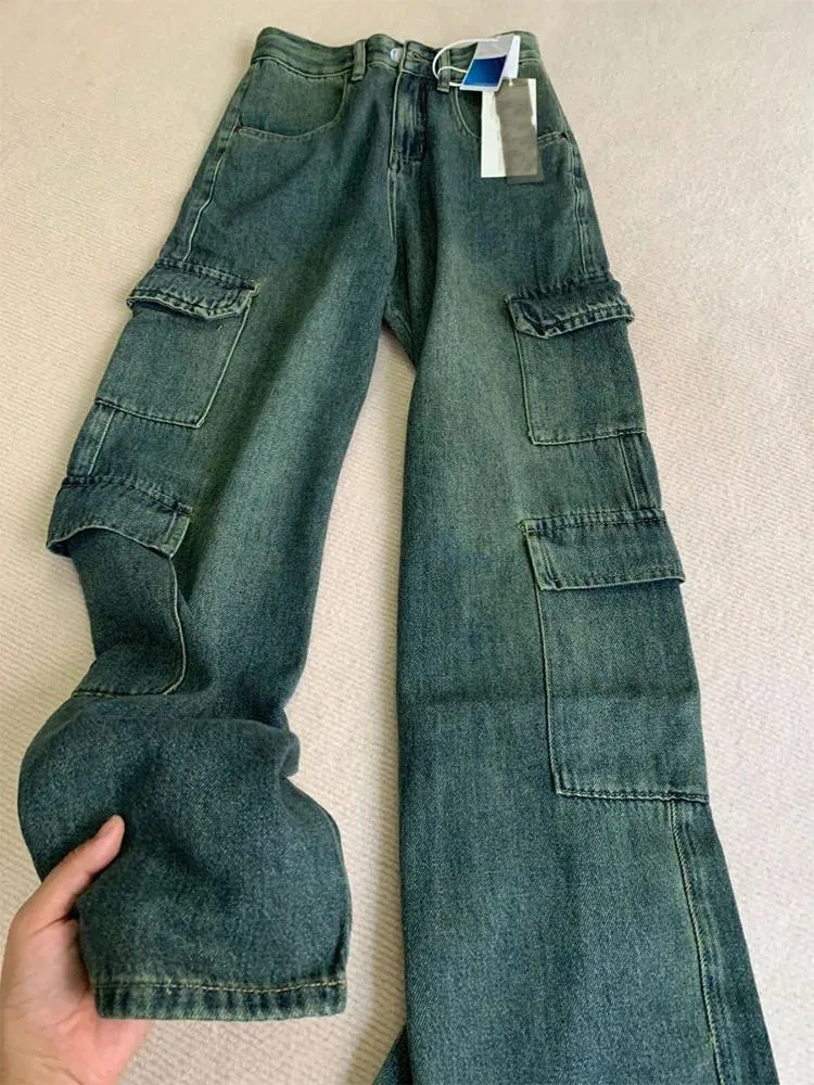 Jeans femininos de alta qualidade lavados calças de carga azul diariamente calças de bote de rua diárias 2000 Bolsos folgados estéticos coreanos de grandes dimensões