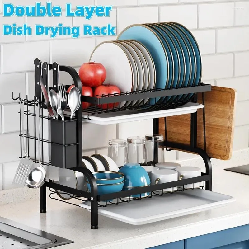 Kitchen Storage 2-Tier Dish Drying Rack Saving Space Bowl With Drainboard Large Rust-Proof Drainer Cutting Board Holder