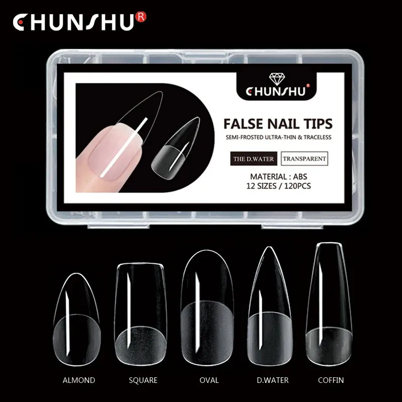 Chunshu 120pc False Nails Coffinセミフロスト透明な偽のネイルチッププレスオンフルカバーカプセルの延長240419