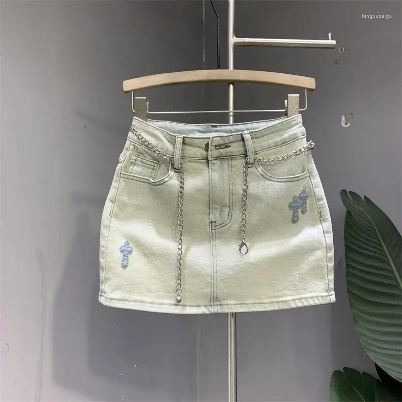 Kjolar kvinnor denim kjol tvättlast hög midja kort A-line mini 2024 sommarmode