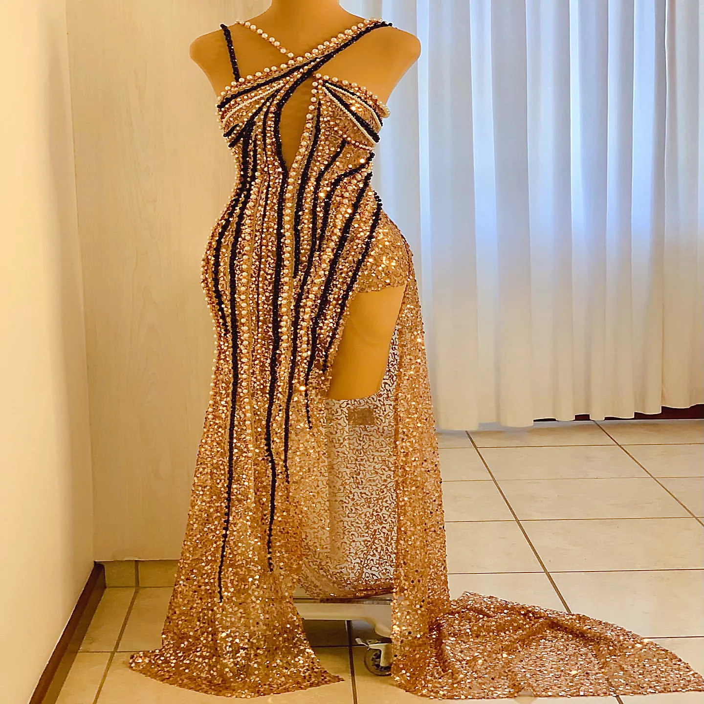 2024 Aso Ebi Altın Deniz Kızı Balo Dress İnciler Akşam Görüşürlü İzin Partisi İkinci Doğum Günü Nişan Elbiseleri Elbise Robe De Soiree ZJ36