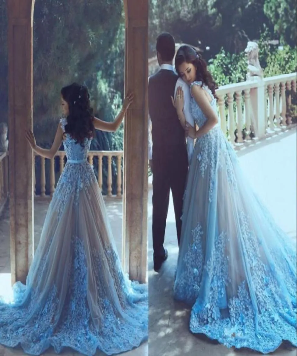 Dubai New Elegant Blue Prom Kleider Vestidos de fiesta 3d Blumenapplikationen Aline Prom Abendkleider mit Belt1425816