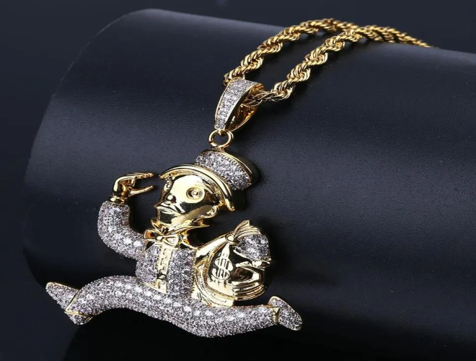 Hip Hop Iced Out Cartoon Running Clown Pendant Necklace Micro Paved Zircon Star Gold Chain Men Jewelry3662966