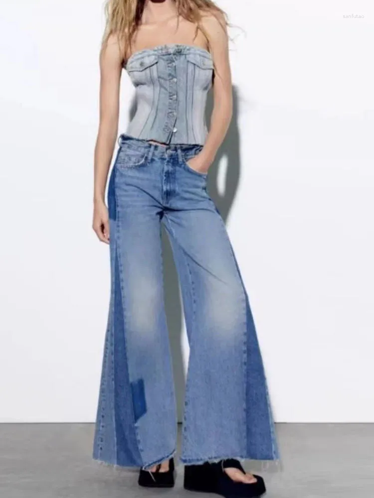 Jeans pour femmes mode Mid Rise Patchwork Pantalon à jambes larges Baggy pour le pantalon féminin