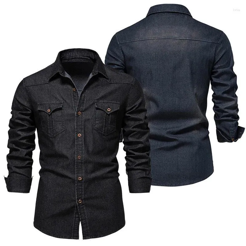 Camisas casuais masculinas jeans de algodão elástico 2024 camisa de cowboy masculino de manga longa qualidade fit fit macharwear bolso de bolso de designer de designer de designer