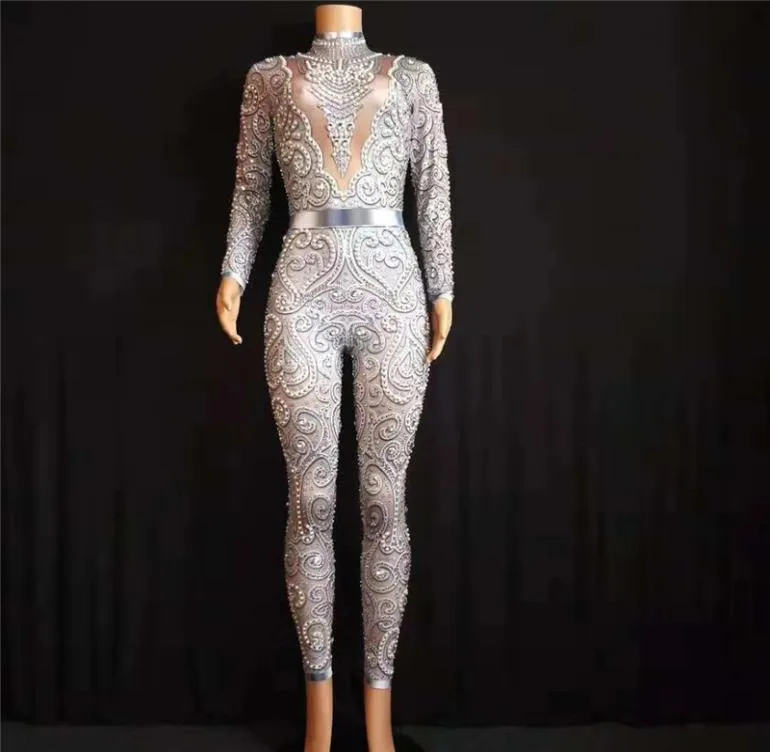 E25 Frauen Pole Dance trägt BodySuit Perl Diamonds Jumpsuit enge Outfits Disco Performance Kostüme Sänger Show Kleid Catw6594604