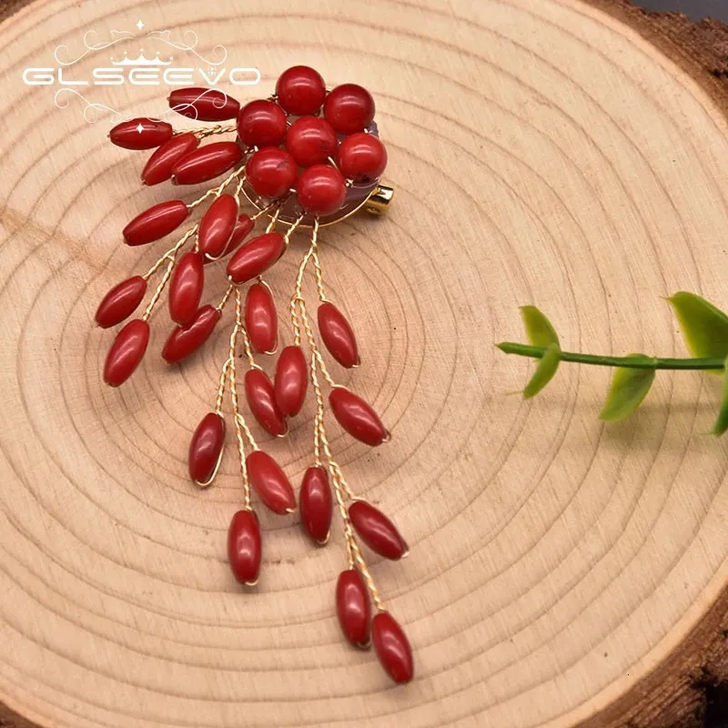 GLSEEVO Pure Natural Red Coral Brosche Frau Hochzeits Geburtstagsfeier Boutique Display Temperament Geschenk Branche Form Brosche Go0386 240418