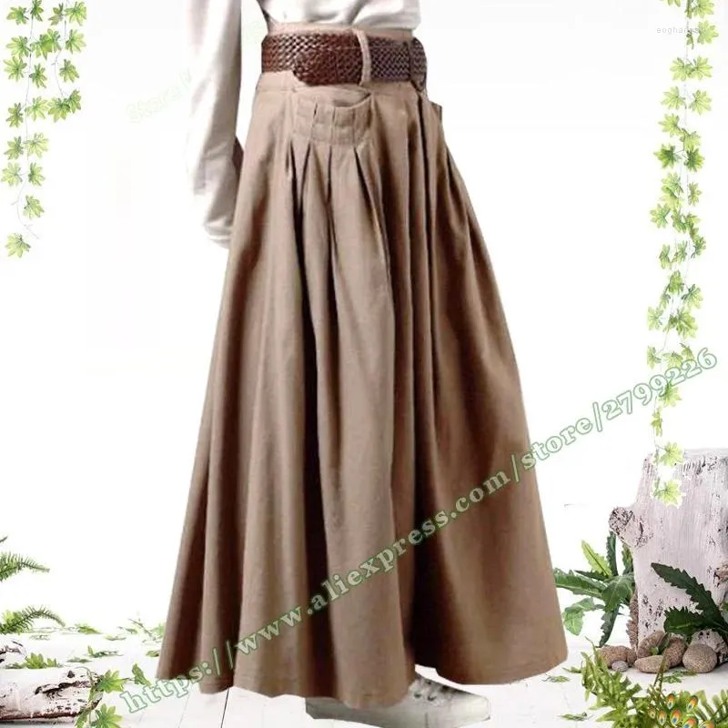 Röcke weiblich Plus Size Casual Vintage Retro-Stil Baumwolle und Leinen große Taschenfalten plissierte A-Linie Maxi Long Womens 2024
