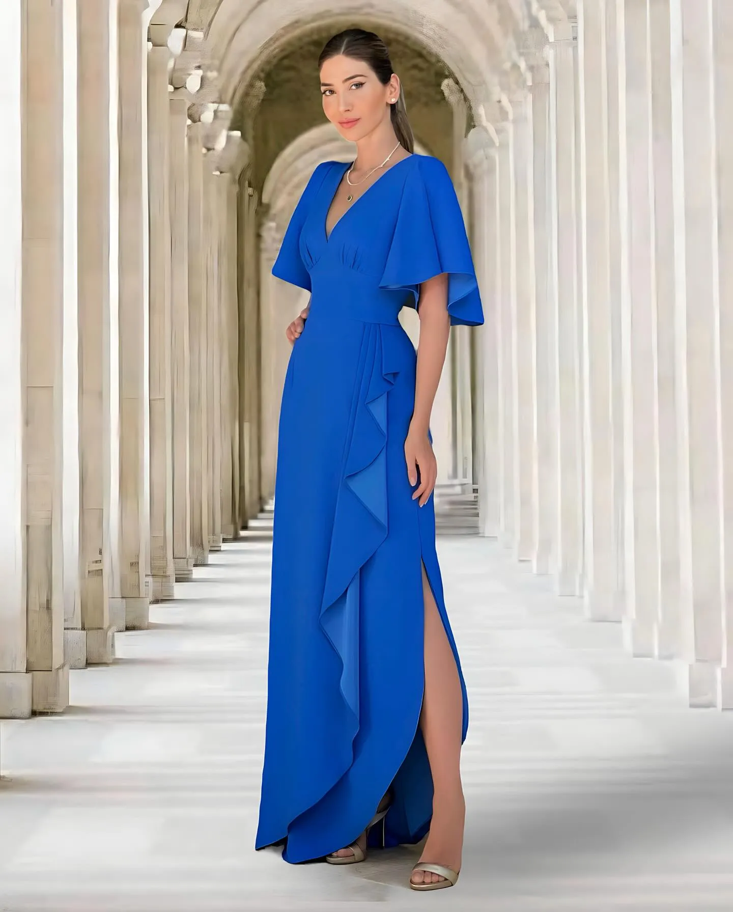 blue elegant wedding guest dress V Neck Ankle Length Short Sleeves Blue Wedding Guest Dress, Blue / M