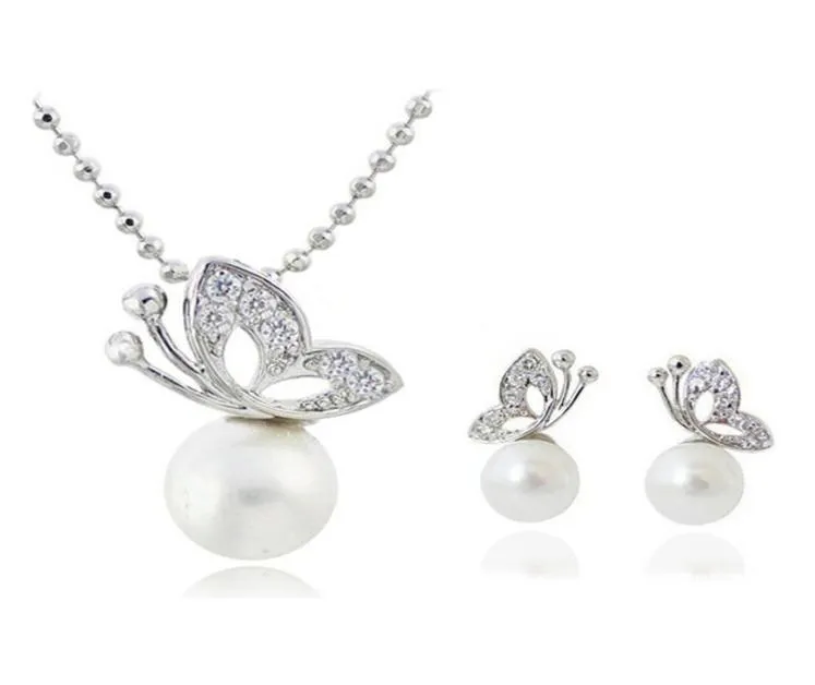 Butterfly Pearl Necklace Earrings Set Full Rhinestone Jewelry for Women Gift Fashion Jewelry Set 12909821130