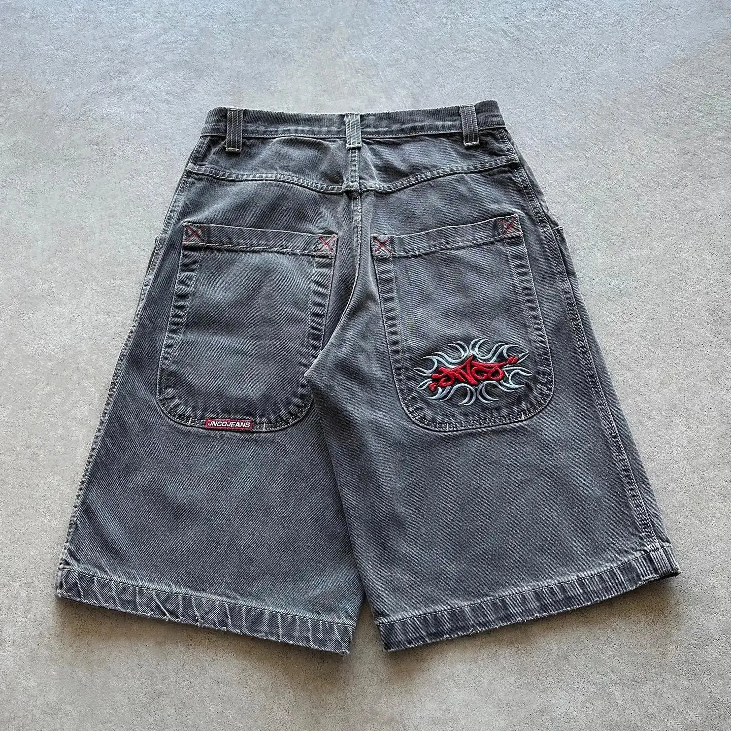 JNCO SHORTS Y2K PONTES HIP HIP RETRO RED RED CROWRY Bordado preto Jeans Jeans Denim Gym High Waist Mens Basketball 240426