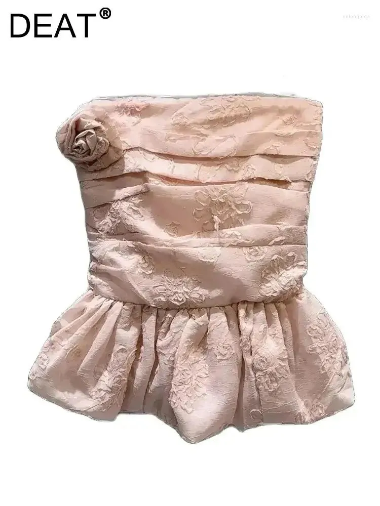 Réservoirs pour femmes courts débardeur 3D Fleurs minces sans bretelles plissées rose élégant camis à la main 2024 Fashion d'été 29L7382