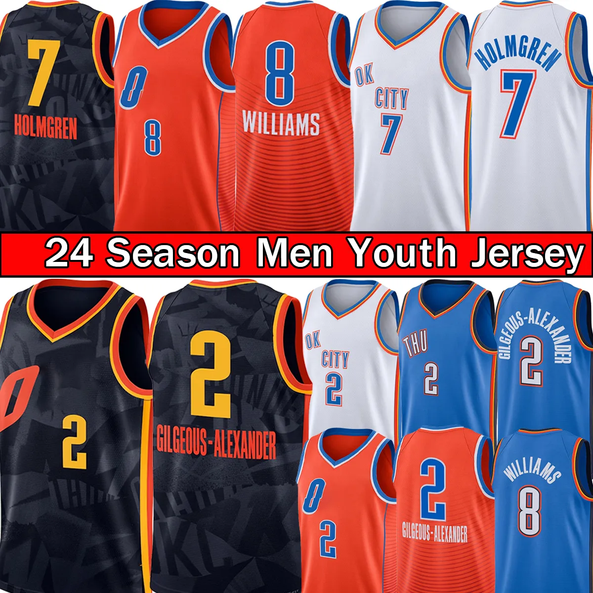 Shai Gilgeous-Alexande Oklahomas City Thunders Basketball Jerseys OKC Chet Holmgren Jalen Williams sydd 2023 24 Herr Youth Kids Basket Shirt Black White