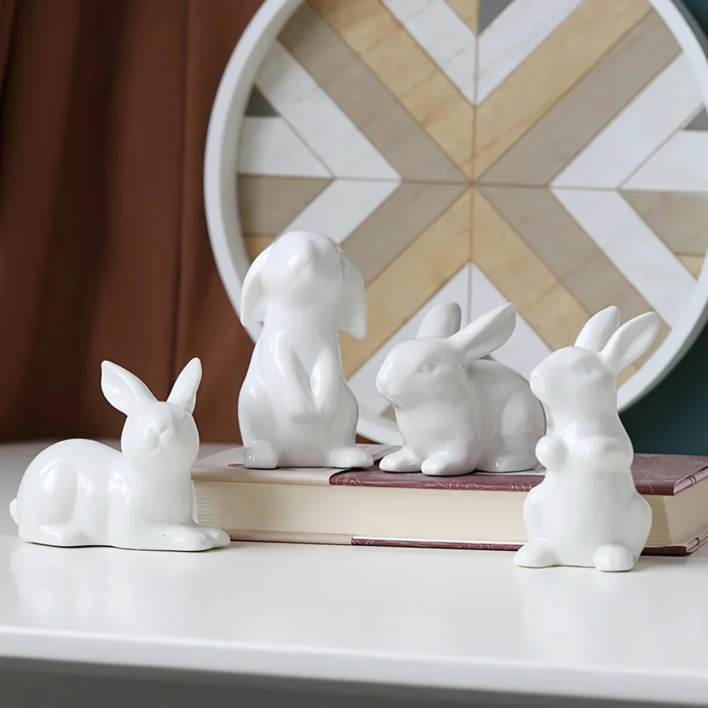 1pcs Hare Hare White White Ceramic Figurine Regali di porcellana Statua degli animali nordici moderni per decorazioni per paesaggi 240425