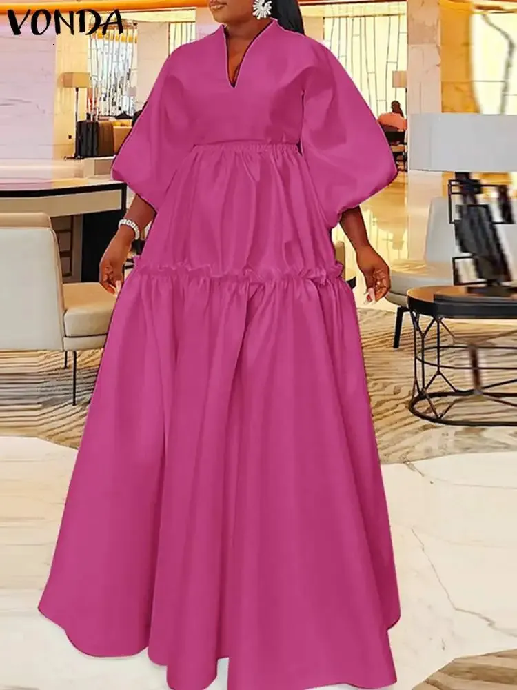 Плюс размер 5xl Vonda Женщины Макси платье летнее элегантное сплошное рукав с длинным рубашкой
