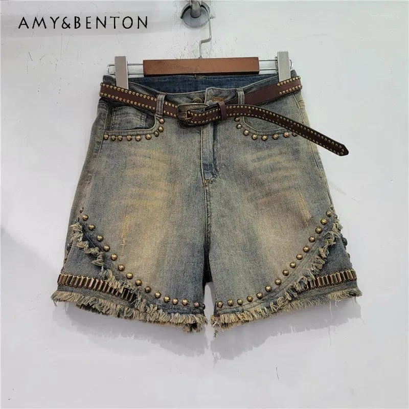 Frauen-Shorts Sommer 2024 Schwere Industrieperlen ausgefranste Diamantbohrer Jeans Hosen A-Line High Taille Eingelegtes Juwel Weitbein Schlankung Denim