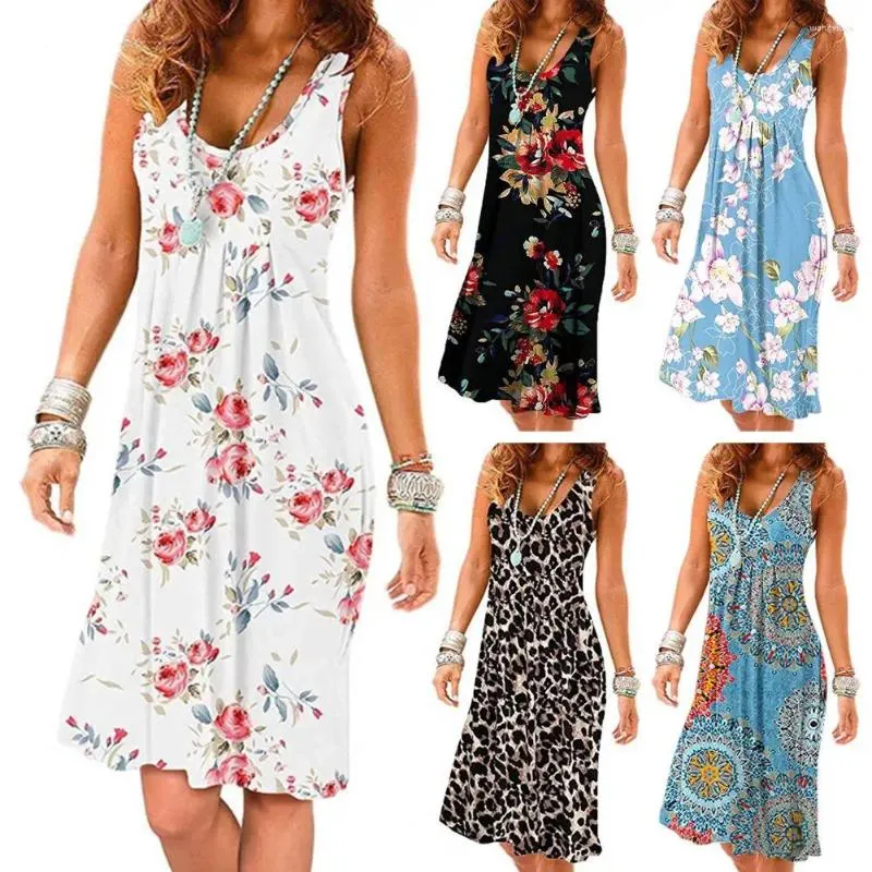 Casual Dresses Printed Women Dress Bohemian Midi For Summer Vacation U Neck Pleated A-line Knee Length Sundress Beach