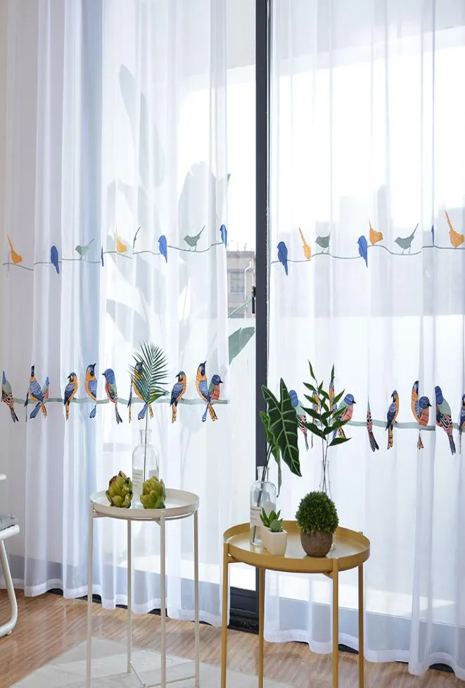 Nowoczesne haftowane zasłony ptaków salon bawełniany lniany tiul okna do sypialni dla dzieci elegancka biała zasłona do kuchni CJ19137215