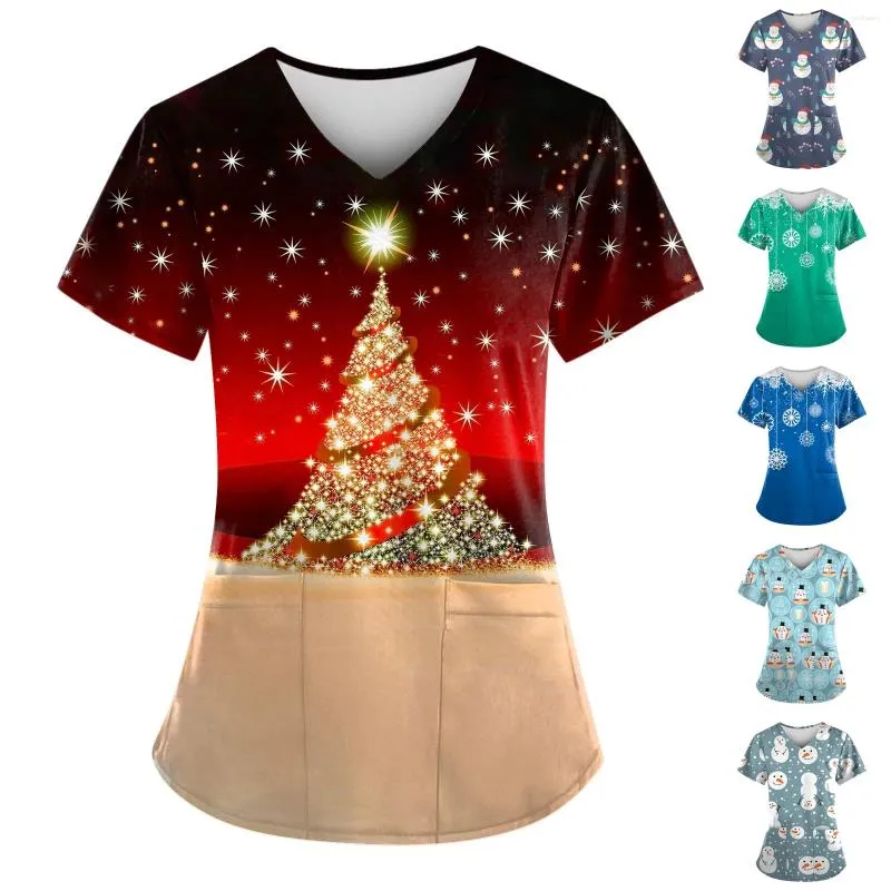 Women's T Shirts Cartoon Plus Size V-neck Tops Pockets Women Working Uniform Work Wear Christmas Print Femme Blouse Uniforms