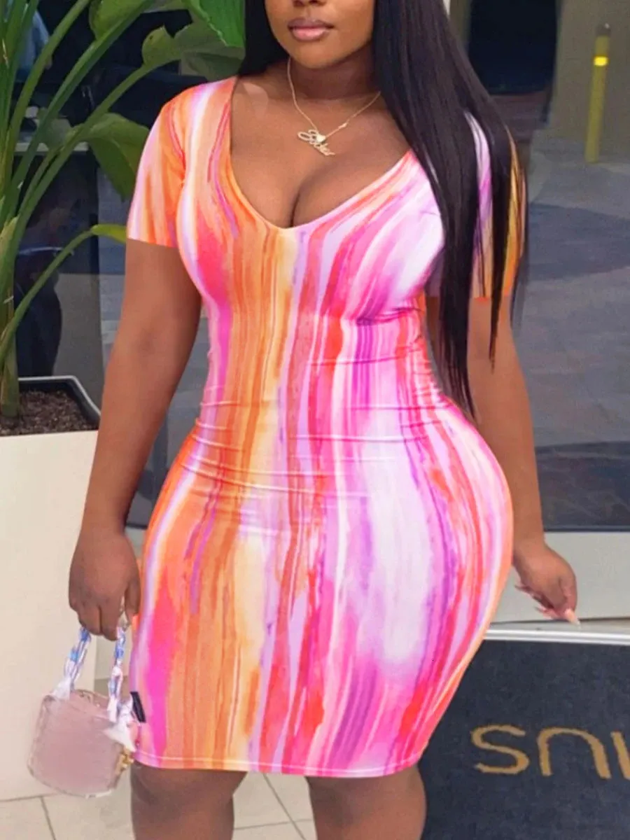 LW Plus Size Dress V Neck Tie Dye Bodycon Dress short sleeve midi Dresses Fashion Party Sexy Yellow Clubwear Dresses 240420
