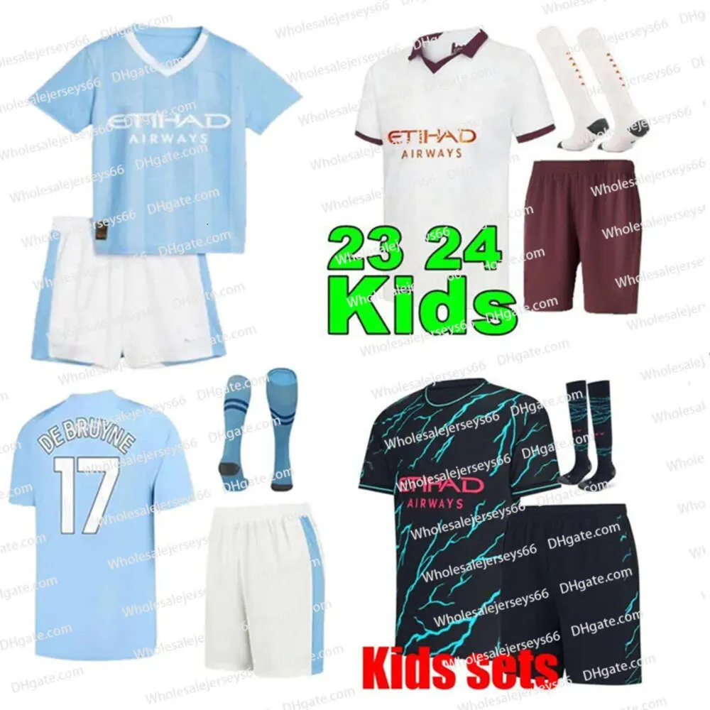 Haaland 23 24 S футбольные майки Детский комплект Mans Cities Mahrez de Bruyne Foden 2023 2024 Новая футбольная рубашка майки Fly Kids Kit Sets Униформа