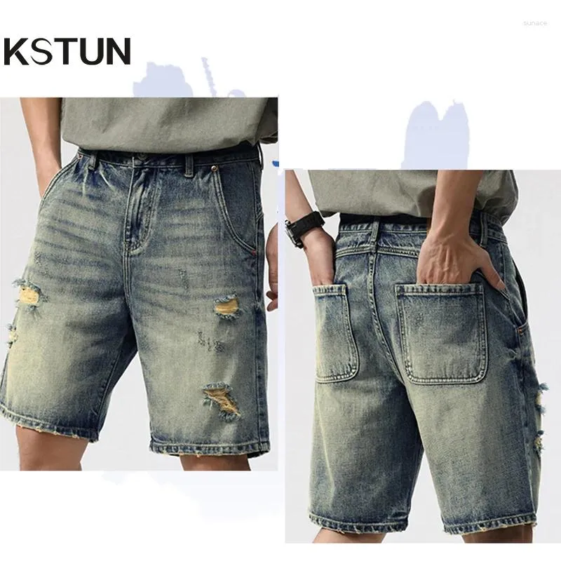 Jeans masculin shorts d'été masculins shrot shrots en vrac ample bleu clair creux de pantalon harem déchiré streetwear punk