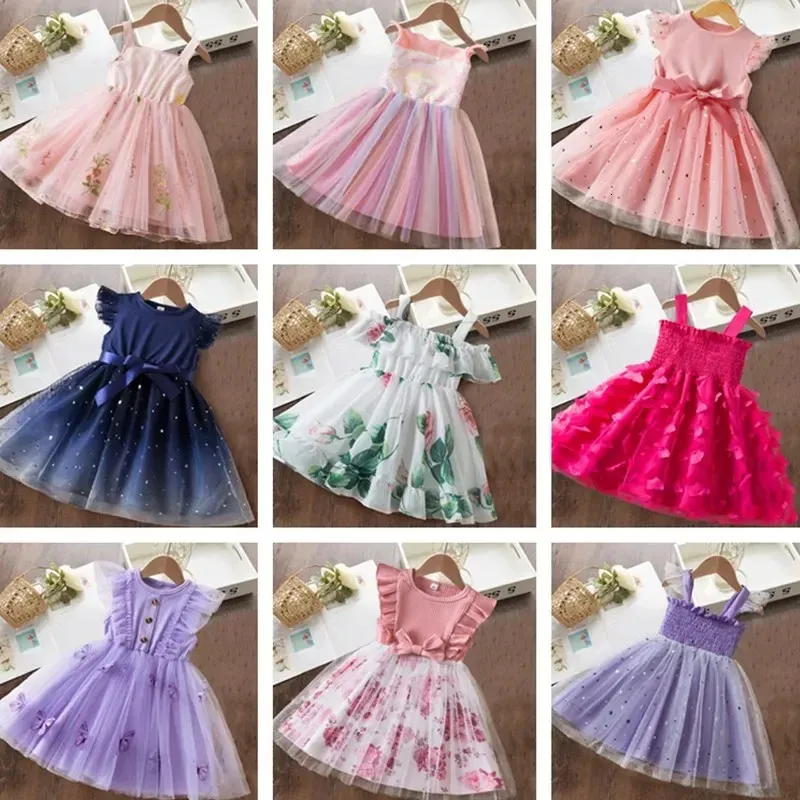 Kızlar için Yaz Elbisesi 2 3 6 yıl 2024 Sıradan bebek kıyafetleri doğum günü partisi prenses elbise tül yaz çocuk kıyafetleri 240423