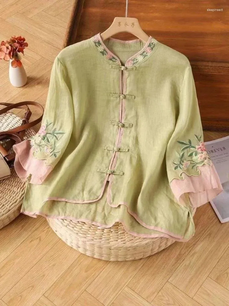 Blusas femininas bordadas em estilo chinês de verão camisa vintage linear linho de algodão solto tops de mangas curtas Roupas 2024