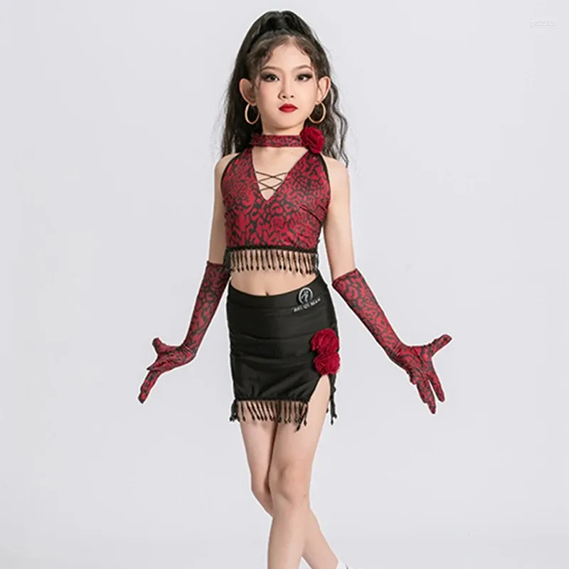 Bühnenbekleidung Red Girls Latin Tanzkostüm Ärmel Quasten Tassel Split Anzug Professioneller Wettbewerb Tänzer Show VDL304